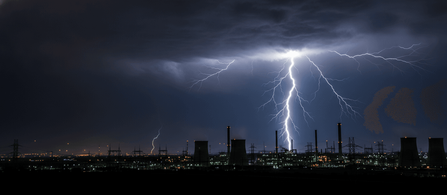 Dramatic lightning storm sky — simulated hero background for surge protection brand