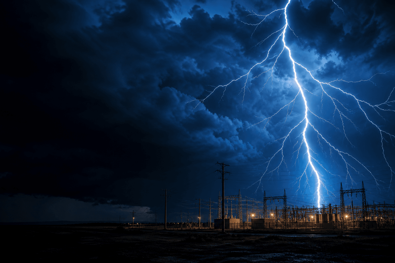 Lightning striking near an electrical substation — simulated LVSP hero background