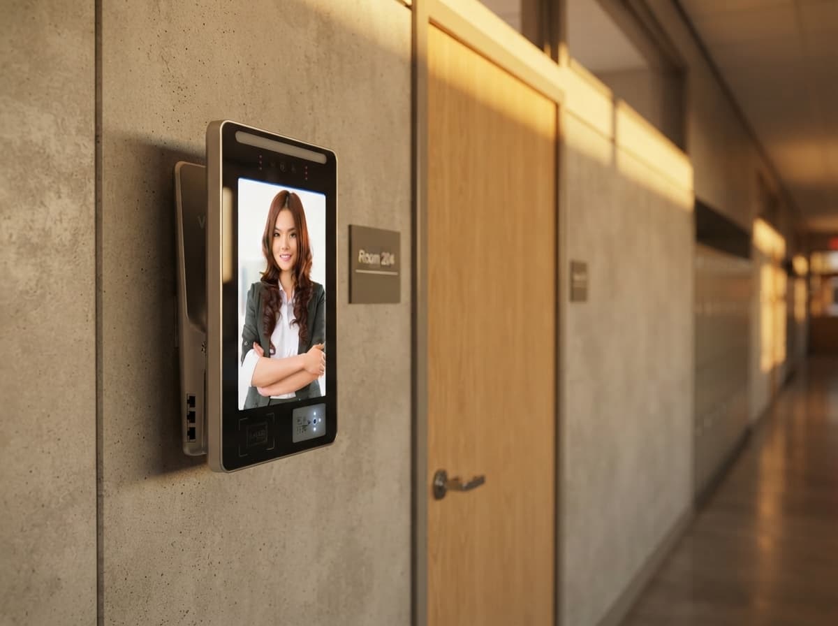 Simulated product demo: Access Control Terminal — mounted beside a school / campus classroom door in a bright corridor