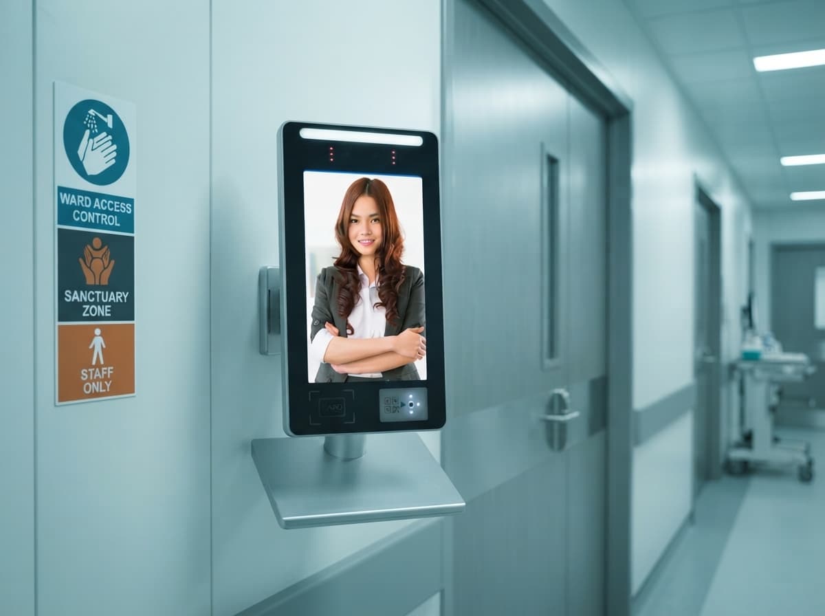Simulated product demo: Access Control Terminal — mounted next to a hospital ward door with hygiene signage (no readable fake brand text)