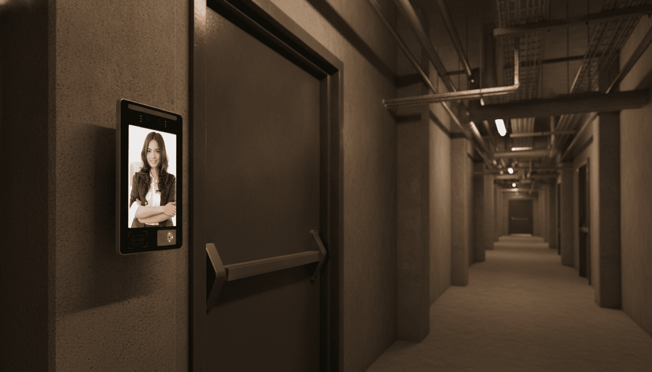 Simulated product demo: Access Control Terminal — mounted beside a factory staff entrance door with industrial corridor behind