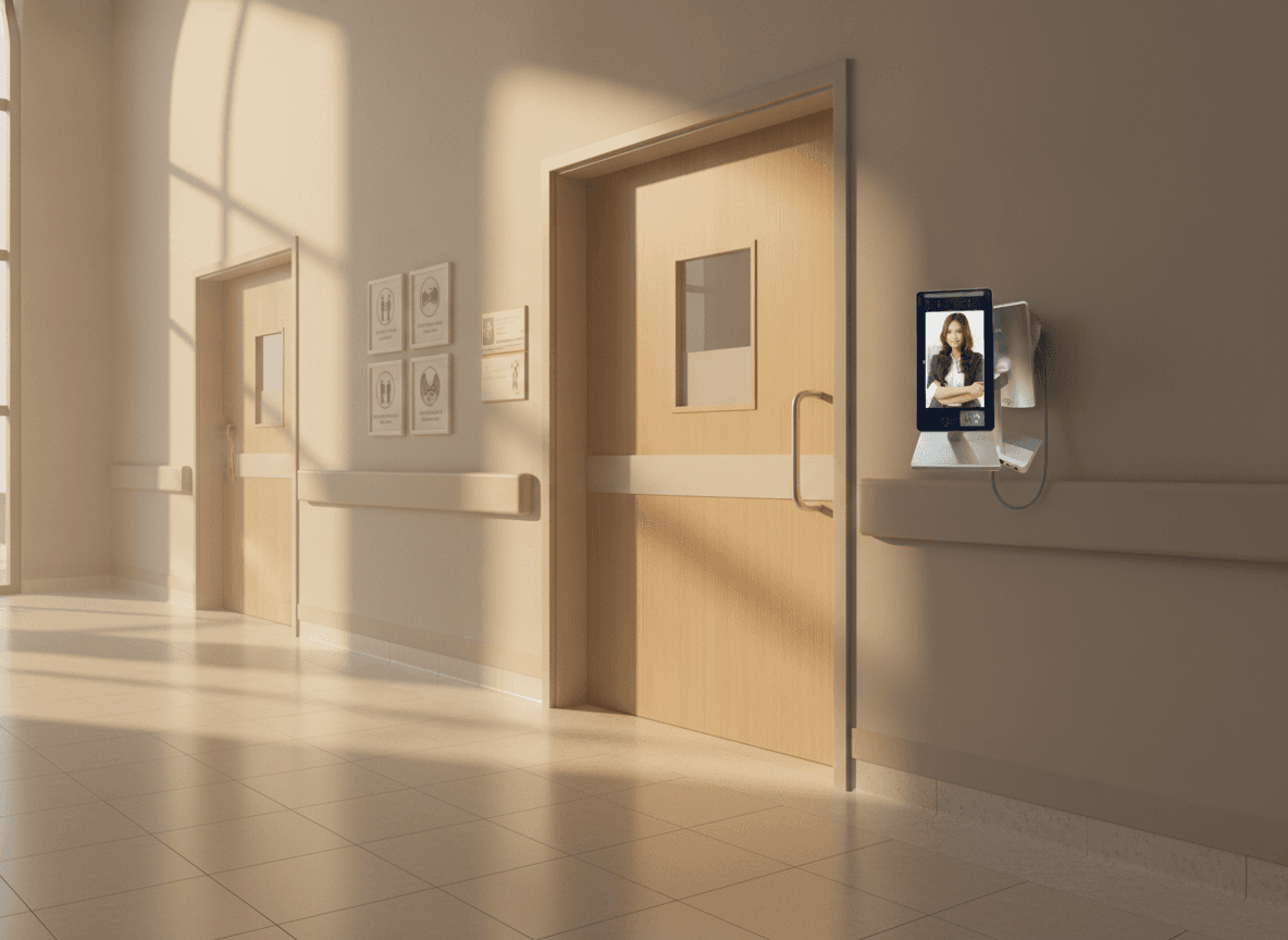 Simulated product demo: Access Control Terminal — mounted next to a hospital ward door with hygiene signage (no readable fake brand text)