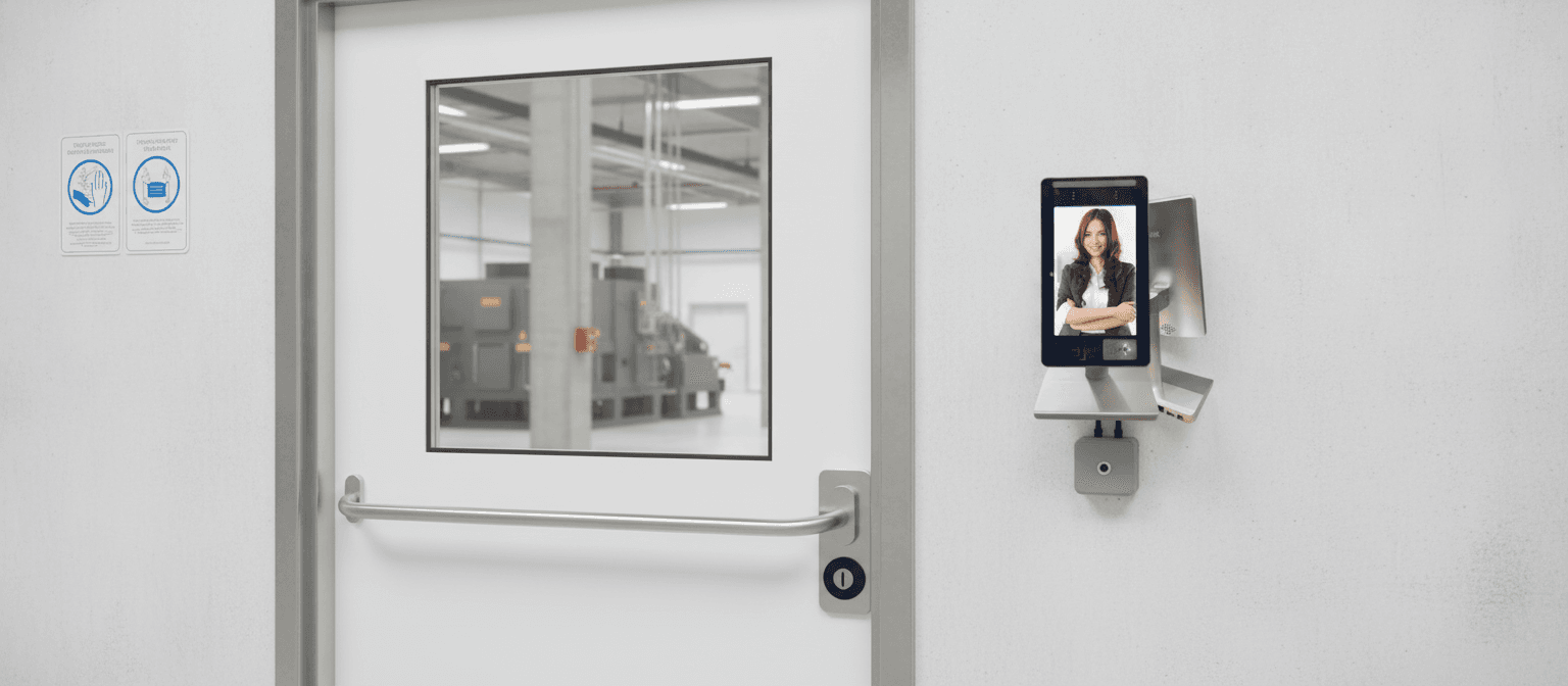 Simulated product demo: Access Control Terminal — mounted next to a hospital ward door with hygiene signage (no readable fake brand text)