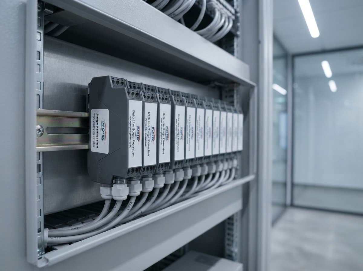 Simulated product demo: Data Line SPD — network operations center patch panel zone