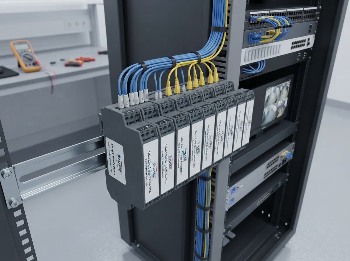 Simulated product demo: Data Line SPD — CCTV security room equipment rack