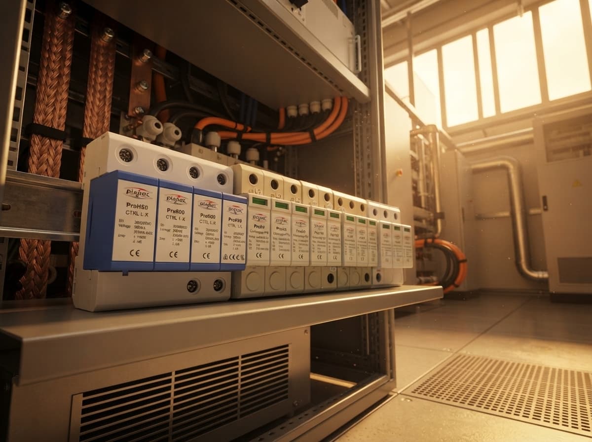 Simulated product demo: DIN-rail SPD — data center row-level power distribution cabinet