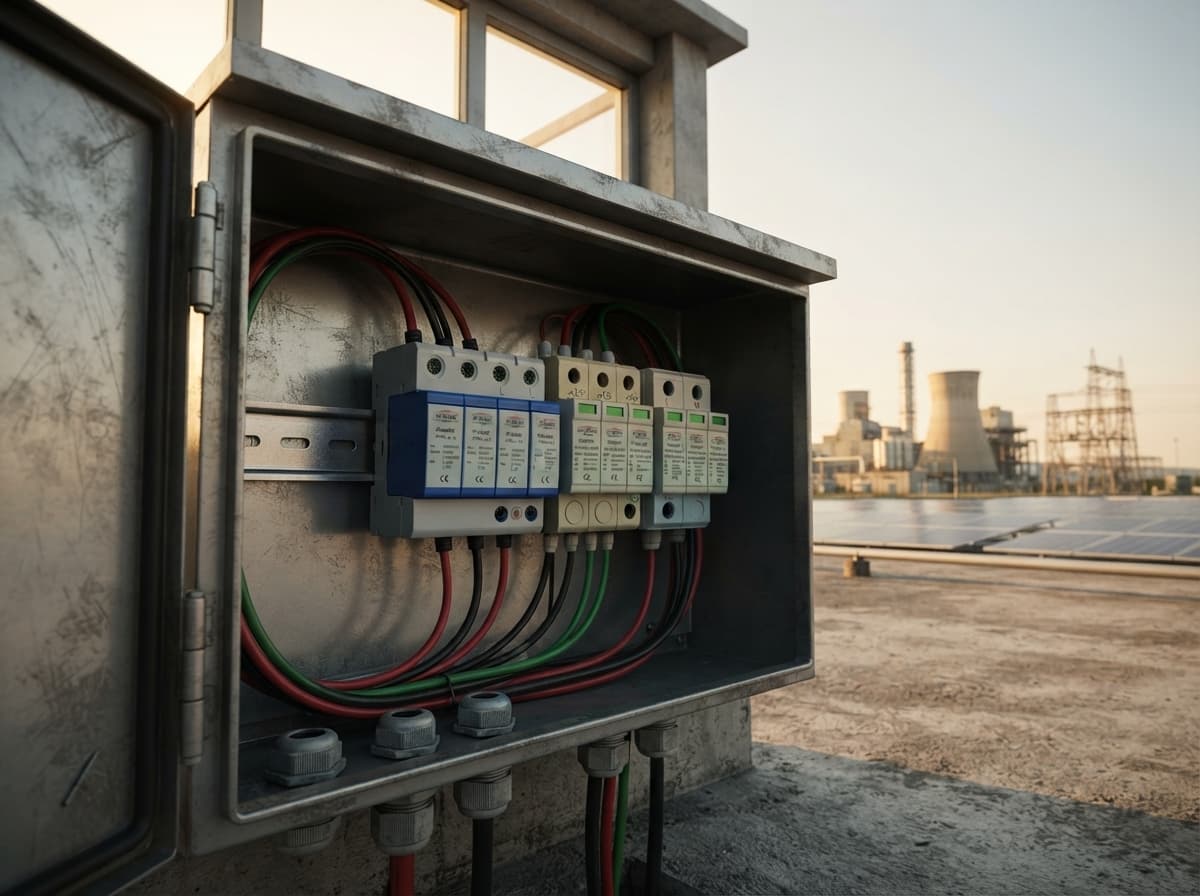 Simulated product demo: DIN-rail SPD — rooftop solar combiner control cabinet with open door