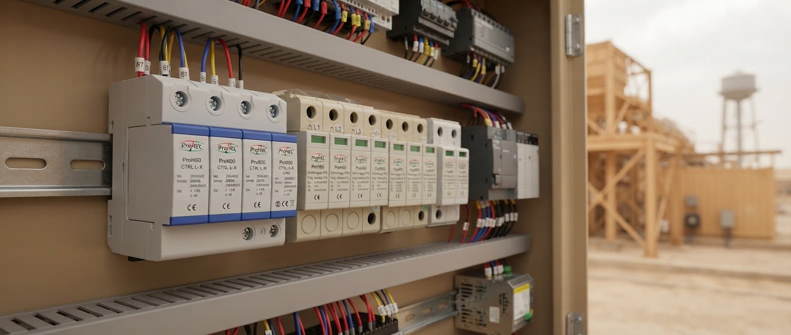 Simulated product demo: DIN-rail SPD — manufacturing line PLC panel interior