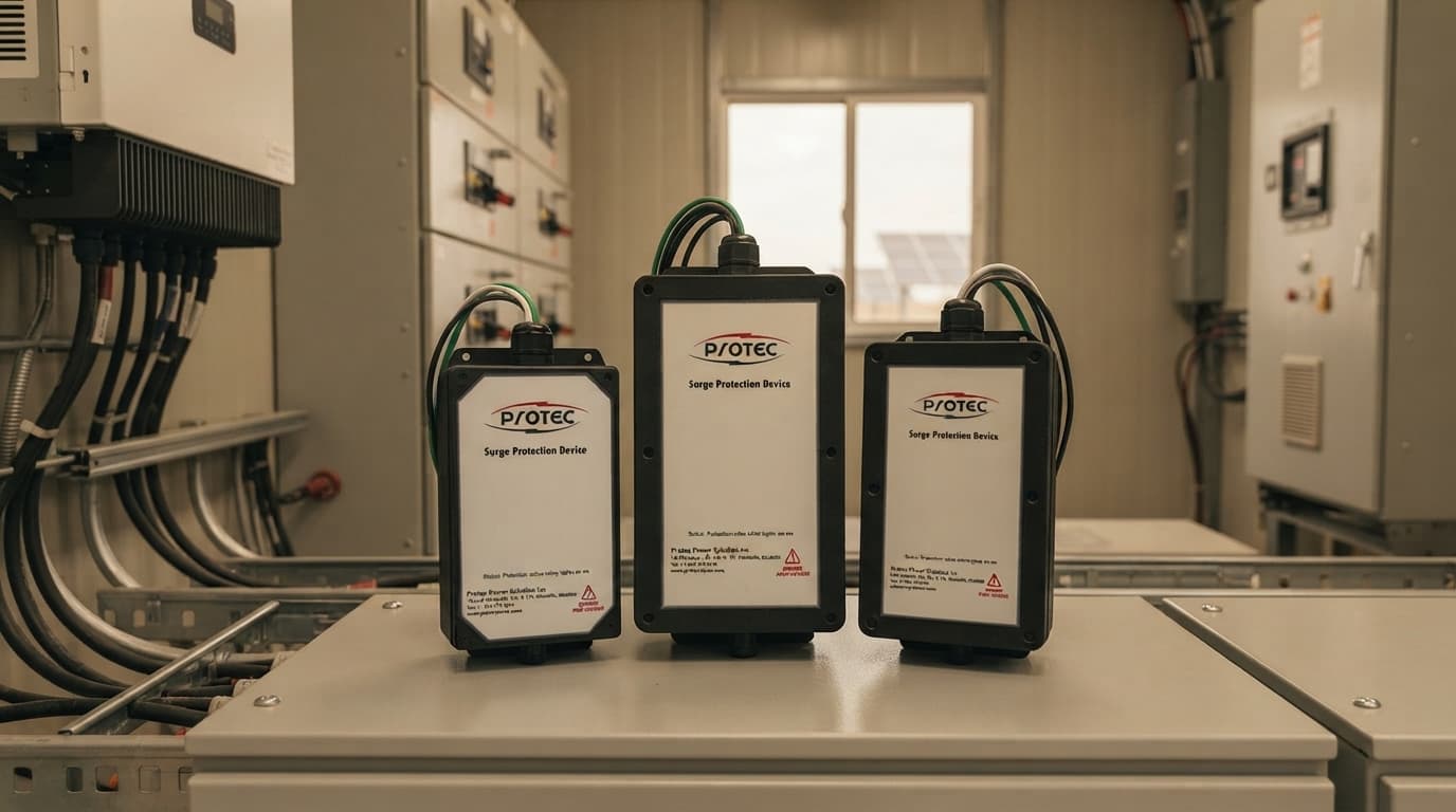 Simulated product demo: Power SPD — utility-scale solar farm inverter station switchgear room