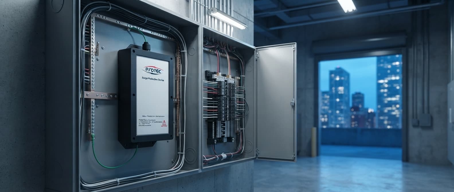 Simulated product demo: ProH SPD — commercial building electrical room with open distribution panel