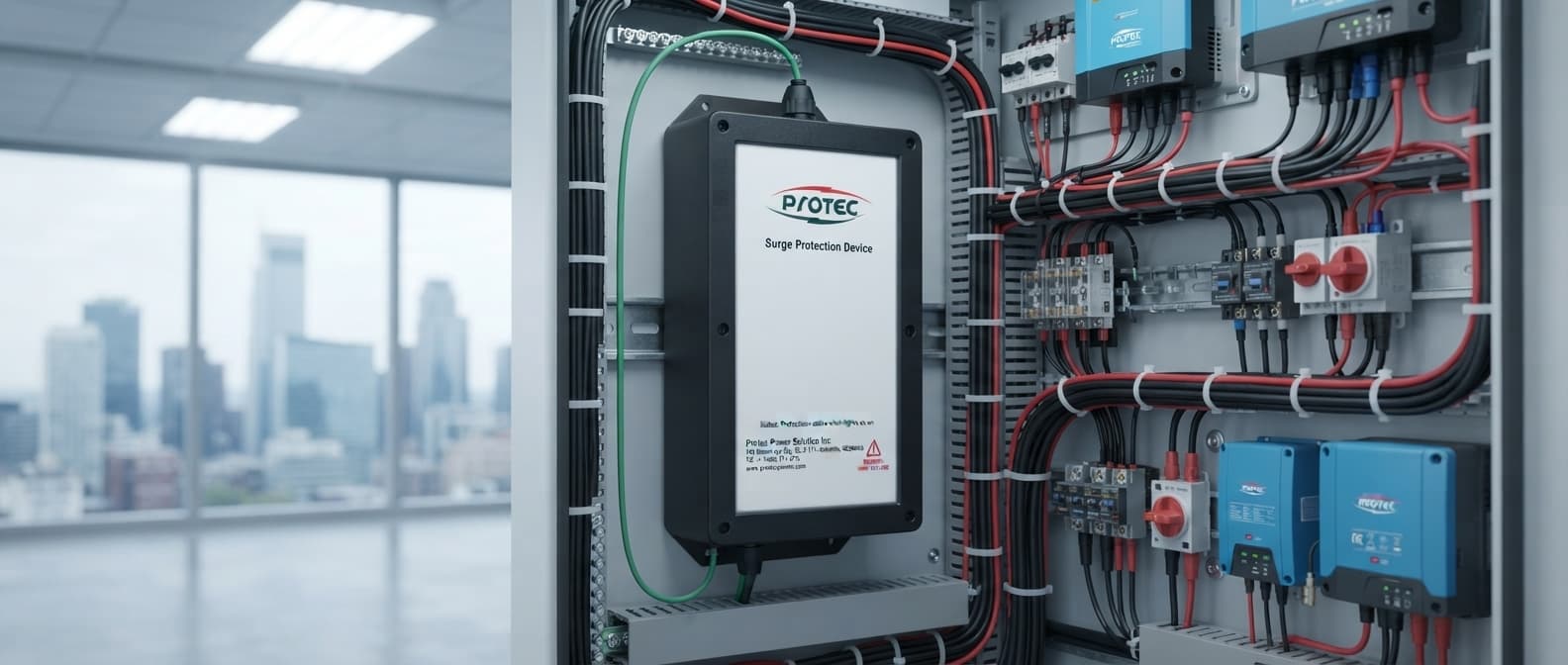 Simulated product demo: ProH SPD — solar PV inverter cabinet interior with neat wiring